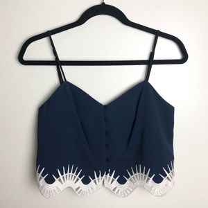 JONATHAN SIMKHAI Blue Button Front Embroidered Crepe Cropped Tank Top